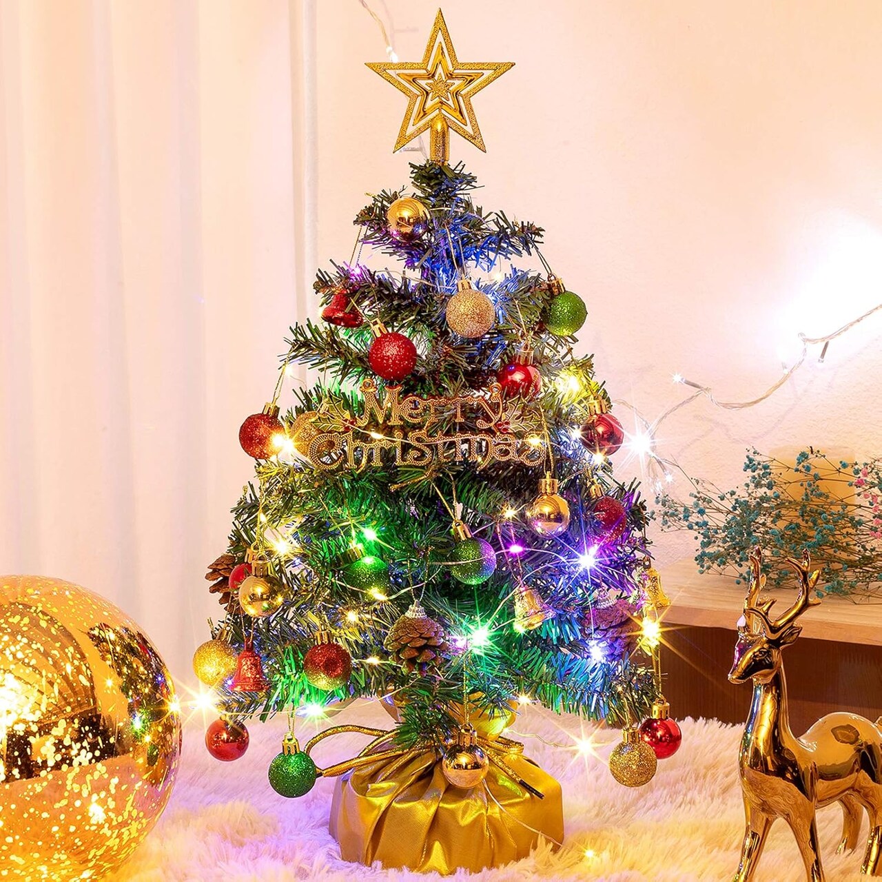 20in Mini Christmas Tree Artificial Small Christmas Tree with Lights (Green) 5.08"D x 5.35"W x 14.65"H
